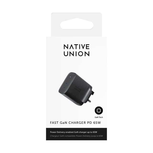 NATIVE UNION Fast GaN Charger PD 65W USB-C Charger w/ LED, 2-Port UK Wall Charger - Black