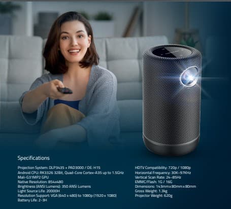 بروجكتر أندرويد سنيمائي محمول بالبطارية Powerology Auto Focus Full HD Portable Projector بدقة 1080p