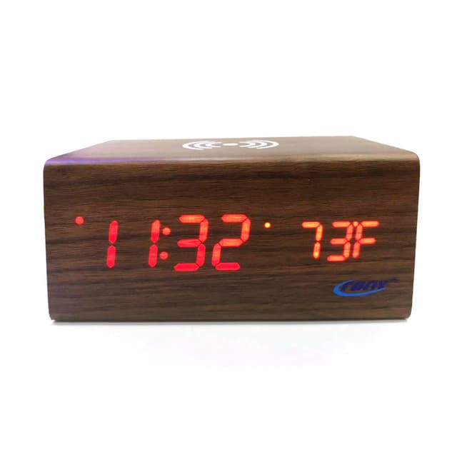 CRONY Digital LED  BT Alarm Clock With Wireless Charging Wooden Clock Brown 1299