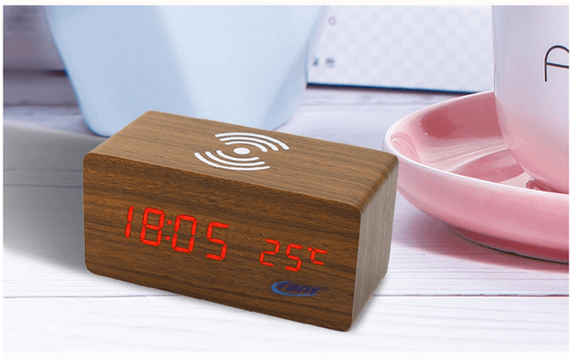 CRONY Digital LED  BT Alarm Clock With Wireless Charging Wooden Clock Brown 1299
