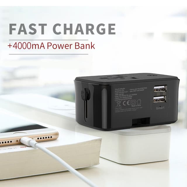 شاحن سفر عالمي مع باور بانك 4000mAh أسود CRONY Travel Charge With Power Bank