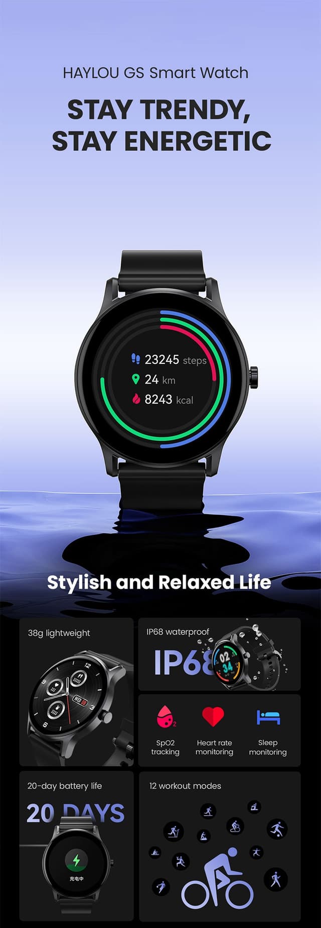 Haylou GS-LS09A Smartwatch 1.28″tft Display V5.0 Bluetooth 220mah Ip68 Waterproof Heart Rate Monitor Spo2 Tracking 7days Battery Life 12 Modes - 222716