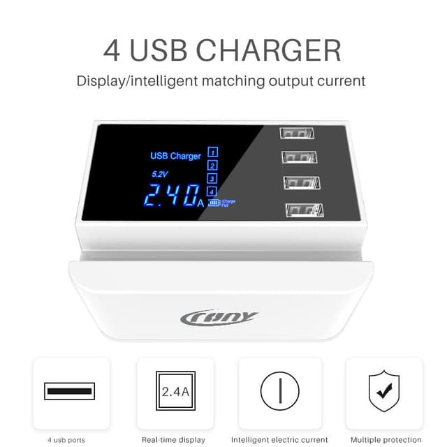 شاحن مكتبي 4 منافذ 18 واط مع شاشة رقمية وحامل جوال كروني CRONY CDA26 USB Charger With Led Display and Stand Holder