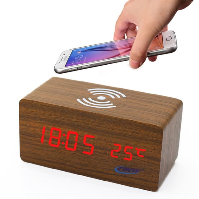 CRONY Digital LED  BT Alarm Clock With Wireless Charging Wooden Clock Brown 1299