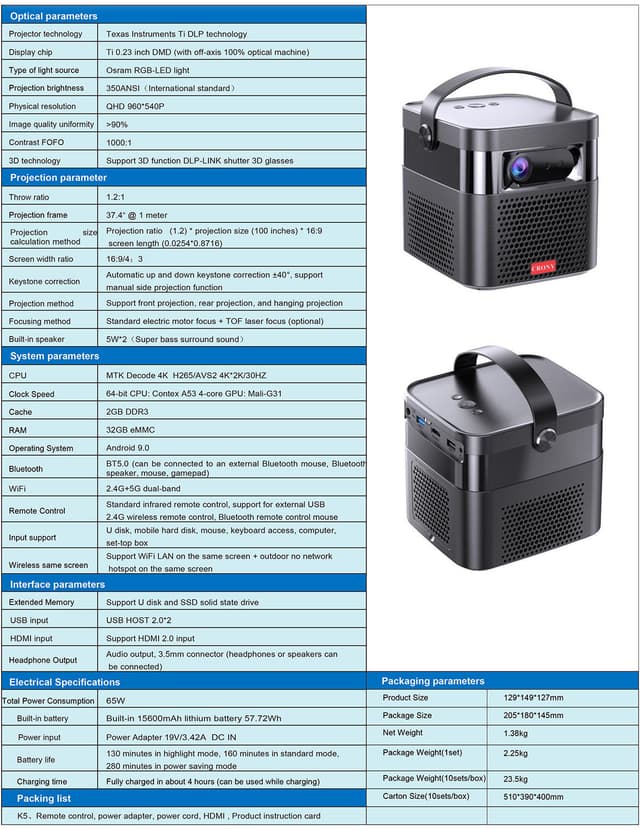 بروجكتر محمول للمعلمين بنظام أندرويد CRONY K5 upright Projector 800 ANSI