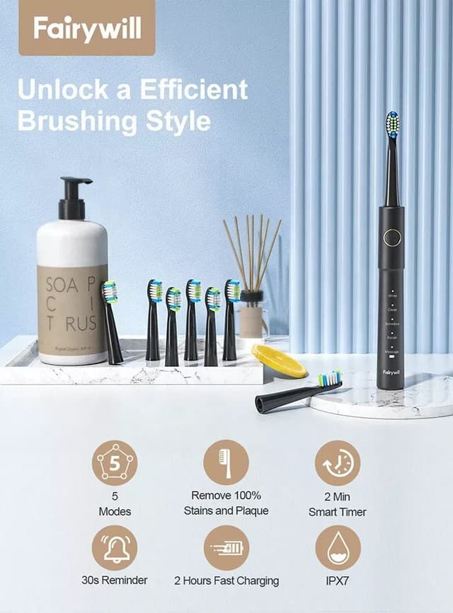فرشاة اسنان كهربائية ذكية Fairywill E11 Sonic Electric Toothbrush with 8 Bursh Heads Travel Case