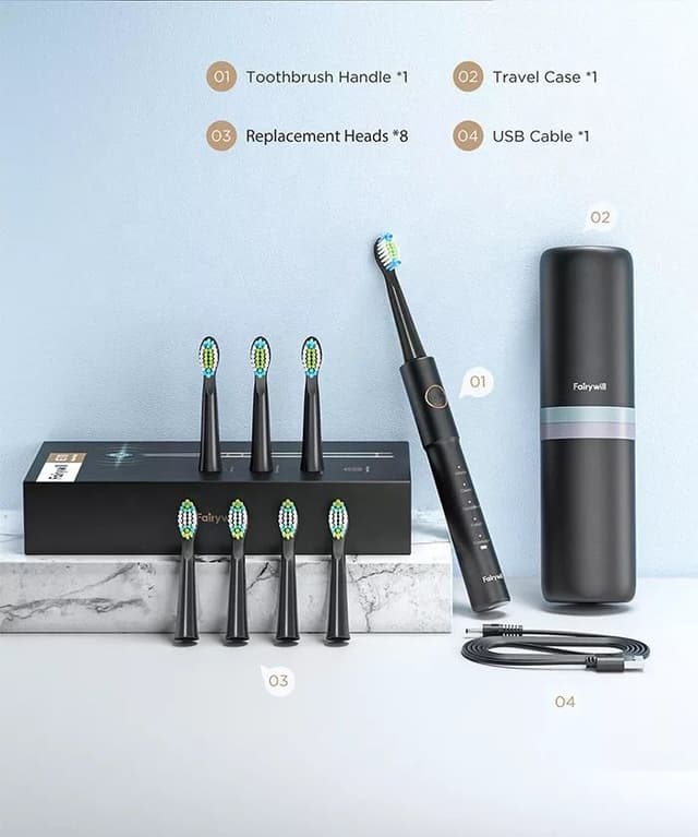 فرشاة اسنان كهربائية ذكية Fairywill E11 Sonic Electric Toothbrush with 8 Bursh Heads Travel Case