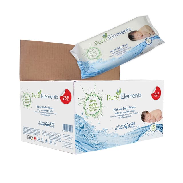 مناديل مبلله (مناديل مبللة للاطفال) - 9 * 64 (576 منديل) Aloe Natural Baby Wipes - Pure Elements