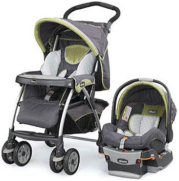 عربية اطفال وكرسي سيارة للاطفال لون رمادي وأخضر شيكو Chicco Cortina Travel System