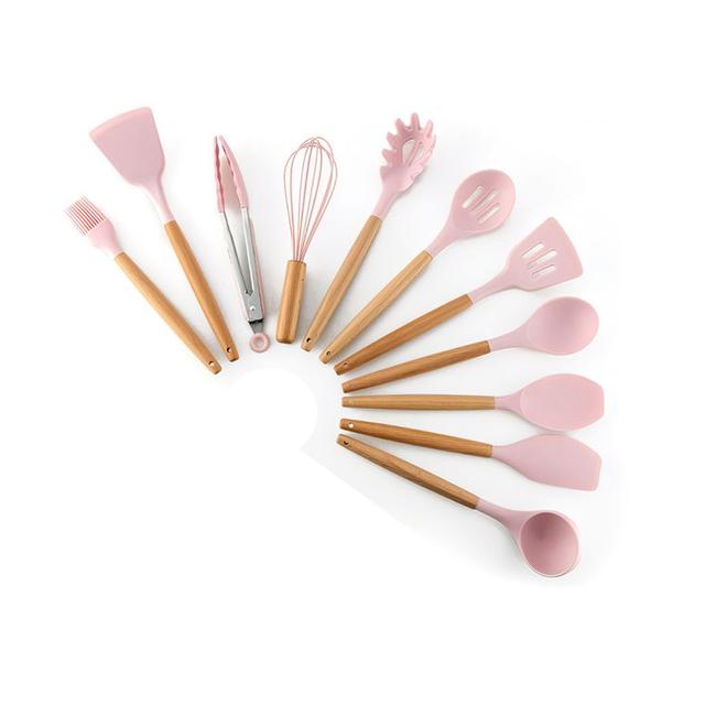 طقم أدوات مطبخ سيليكون بمقابض خشبية 11 قطعة زهري Silicone Wooden Kitchen Set 11 Pieces – Pink , O Ozone - SW1hZ2U6NjI2MjY3