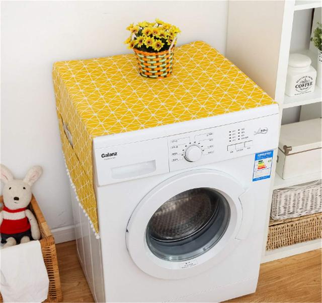 O Ozone Fridge Dust-Proof Cotton Cover, Multi-Purpose Washing Machine Top Cover with Storage Pockets for Pods Home and Kitchen (Yellow Pattern) - SW1hZ2U6NjI3OTc4