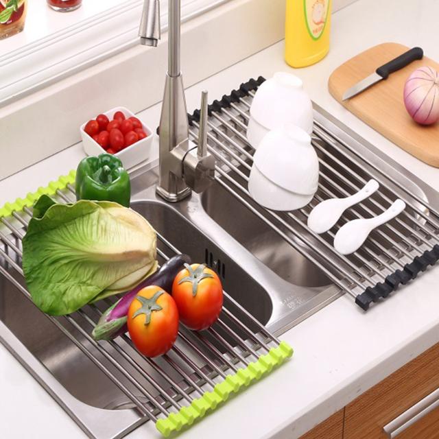 رف تجفيف أطباق ستانلس ستيل 15 أنبوب Kitchen Sink Drainer Rack Foldable Over the Sink Vegetable Dish Drainer - Medium - O Ozone - SW1hZ2U6NjI4NTgy
