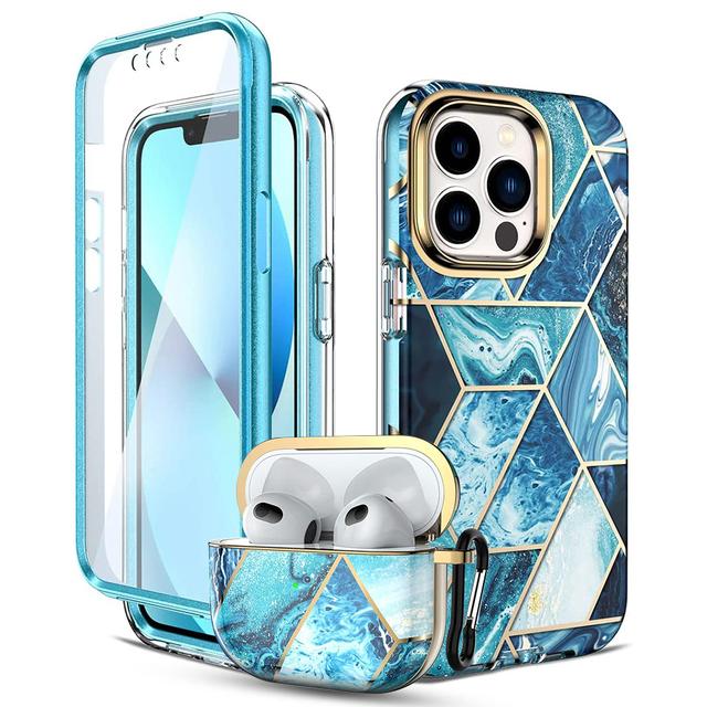 O Ozone Marble Bundle for iPhone 13 Pro Max Case + Air Pods 3rd Generation Case, Full-Body Smooth Gloss Finish Marble Shockproof Bumper Stylish Cover for Women Girls (Blue) - SW1hZ2U6NjI5NTQw