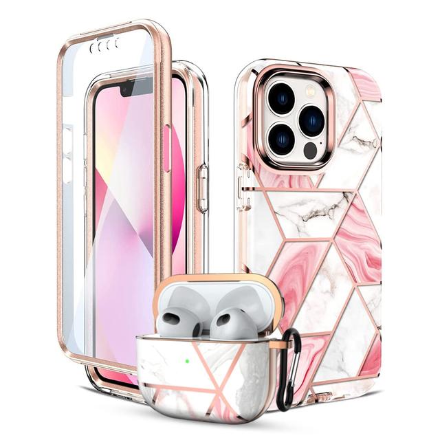 O Ozone Marble Bundle for iPhone 13 Pro Max Case + Air Pods 3rd Generation Case, Full-Body Smooth Gloss Finish Marble Shockproof Bumper Stylish Cover for Women Girls (Pink) - SW1hZ2U6NjI5NTU3