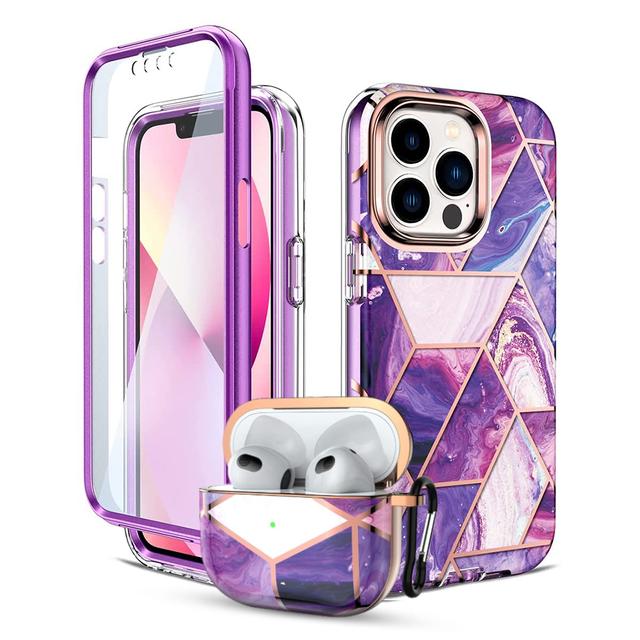 O Ozone Marble Bundle for iPhone 13 Pro Max Case + Air Pods 3rd Generation Case, Full-Body Smooth Gloss Finish Marble Shockproof Bumper Stylish Cover for Women Girls (Purple) - SW1hZ2U6NjI5NTc0