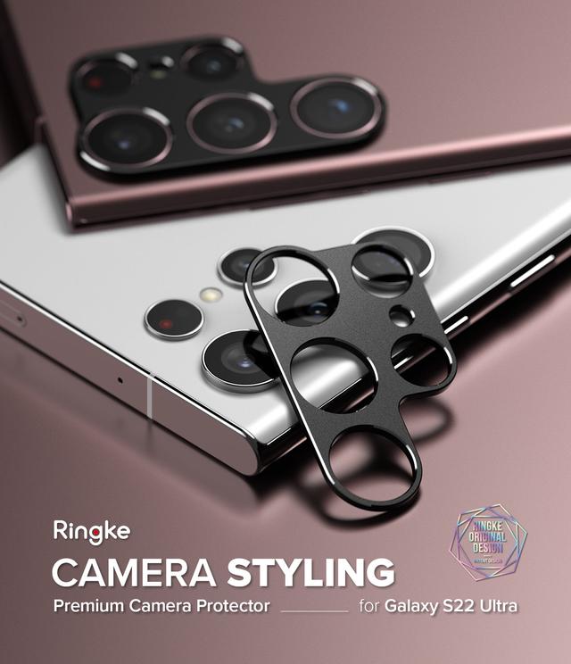 Ringke Camera Styling Compatible with Samsung Galaxy S22 Ultra 5G Camera Lens Protector, Aluminium Frame Tough Protective Adhesive Cover Sticker - Black - SW1hZ2U6NjM0MzU5