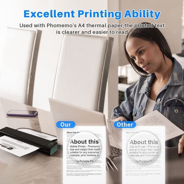 طابعة حرارية محمولة بالبلوتوث مع تطبيق ذكي Phomemo M08F Thermal Printer A4 Inkless