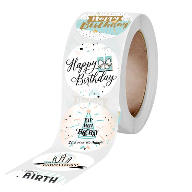 مجموعة ملصقات (ستيكرات) عيد ميلاد دائرية ملونة 6 أشكال 500 قطعة Happy Birthday Sticker Round [1 inch][500 Stickers] - Wownect - SW1hZ2U6NjM4MDc5