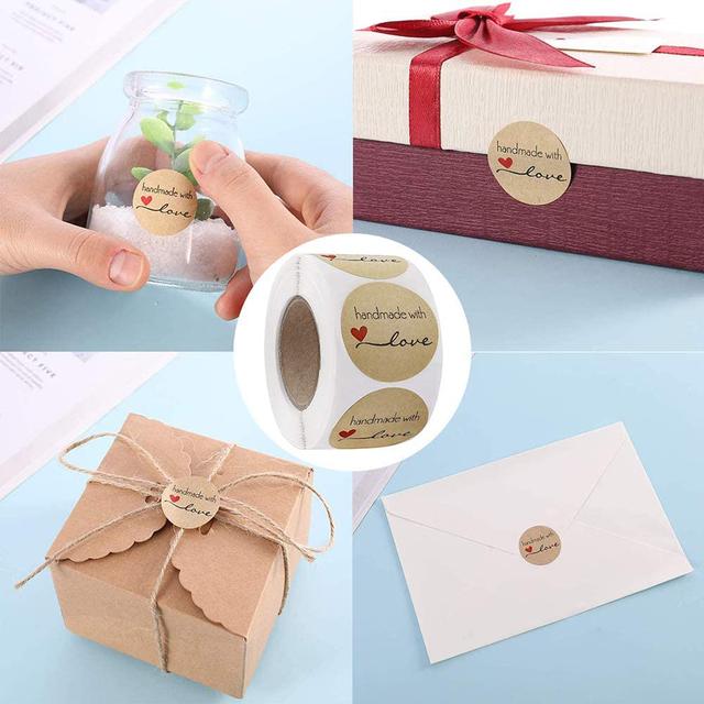 مجموعة ملصقات (ستيكرات) هاند ميد بني 1000 قطعة Brown Kraft Paper Labels Stickers Handmade With Love [1inch Sticker][1000 Pcs Labels] - Wownect - SW1hZ2U6NjM4MTk0