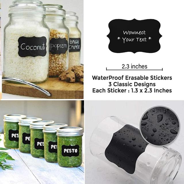 Wownect Chalkboard Label Sticker with White Chalk Marker 3-Style [2.3x1.5 inch][300 Pcs Waterproof] 2 Rolls With 1 White Chalk Marker for Mason Jars, Glass, Cups, Containers, Kitchen, Laundry Room - SW1hZ2U6NjM4NDMy