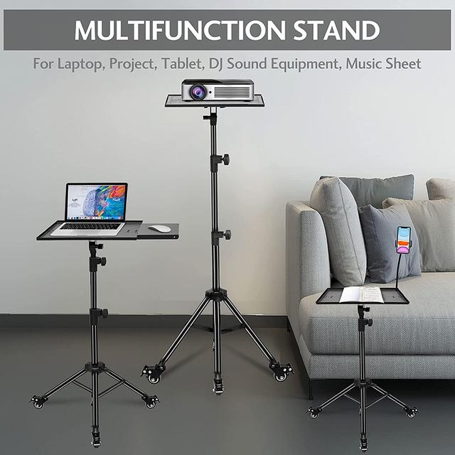 Wownect Universal Workstation Projector Tripod Stand with Wheels, Phone Holder [Adjustable Height upto 61” Tiltable 180 Degrees] Rolling Laptop Desk Tripod For Stage, Studio, DJ Equipment [Pack of 2] - SW1hZ2U6NjM5MzIz