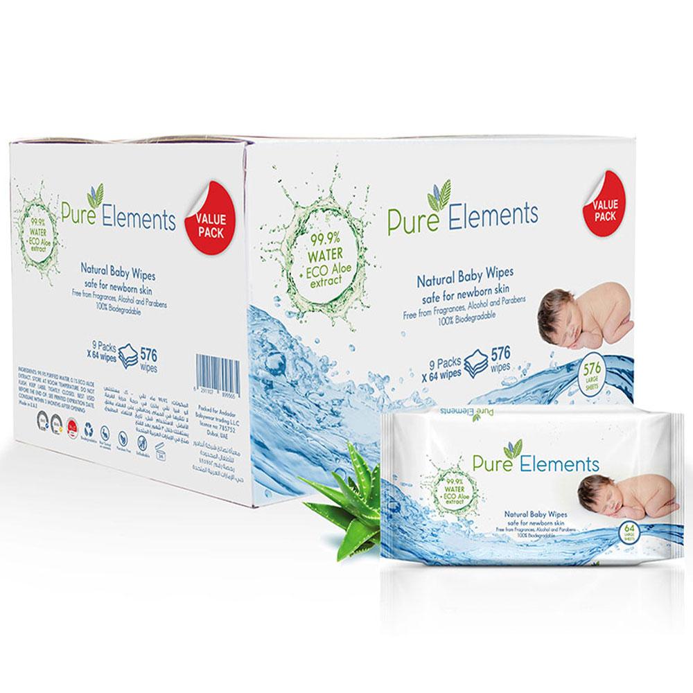 Pure Elements - Aloe Natural Baby Wipes 9 x 64 (576 Wipes)