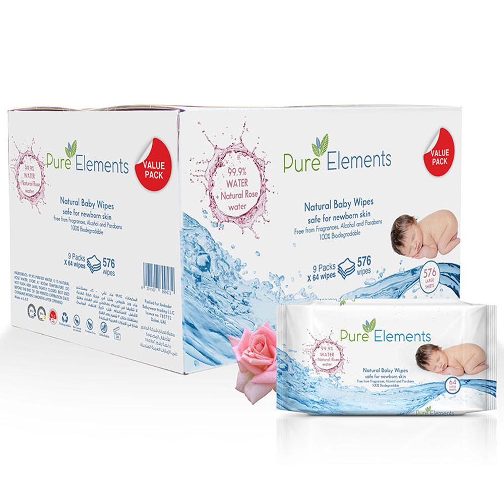 Pure Elements - Rose Natural Baby Wipes 9 x 64 (576 Wipes)