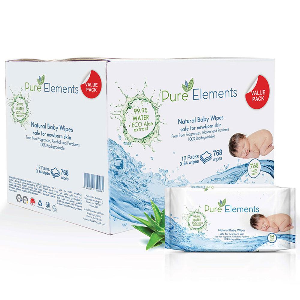 مناديل مبلله (مناديل مبللة للاطفال) - 12 * 64 (768 منديل) Aloe Natural Baby Wipes - Pure Elements