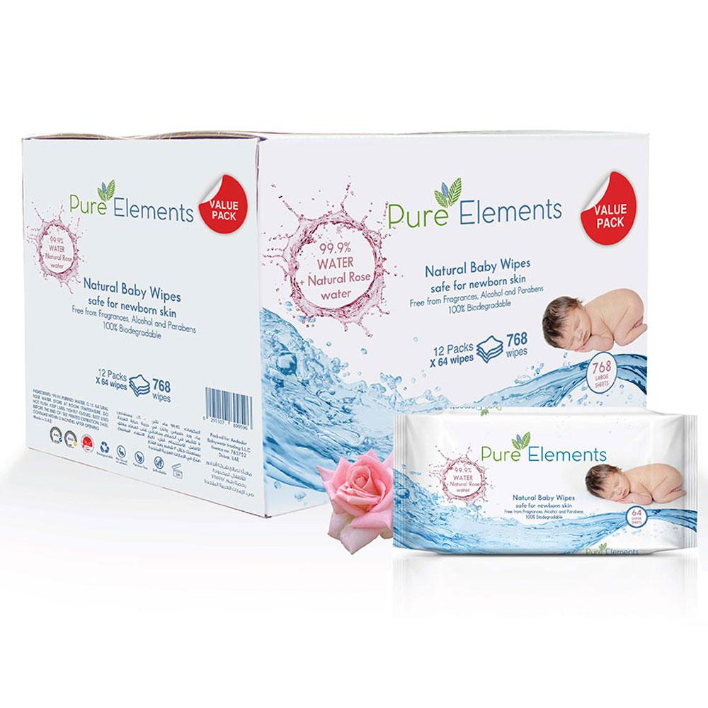 مناديل مبلله (مناديل مبللة للاطفال)-  12 * 64 (768 منديل) Rose Natural Baby Wipes - Pure Elements