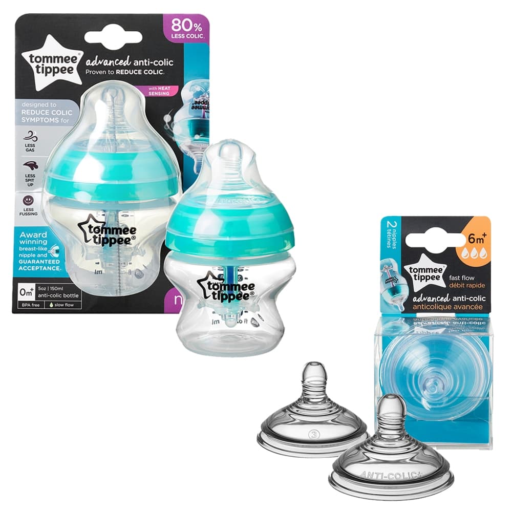 Tommee Tippee Advanced Anti - Colic Teat, Fast Flow x 2 + Advanced Anti - Colic Feeding Bottle, 150ml - Blue