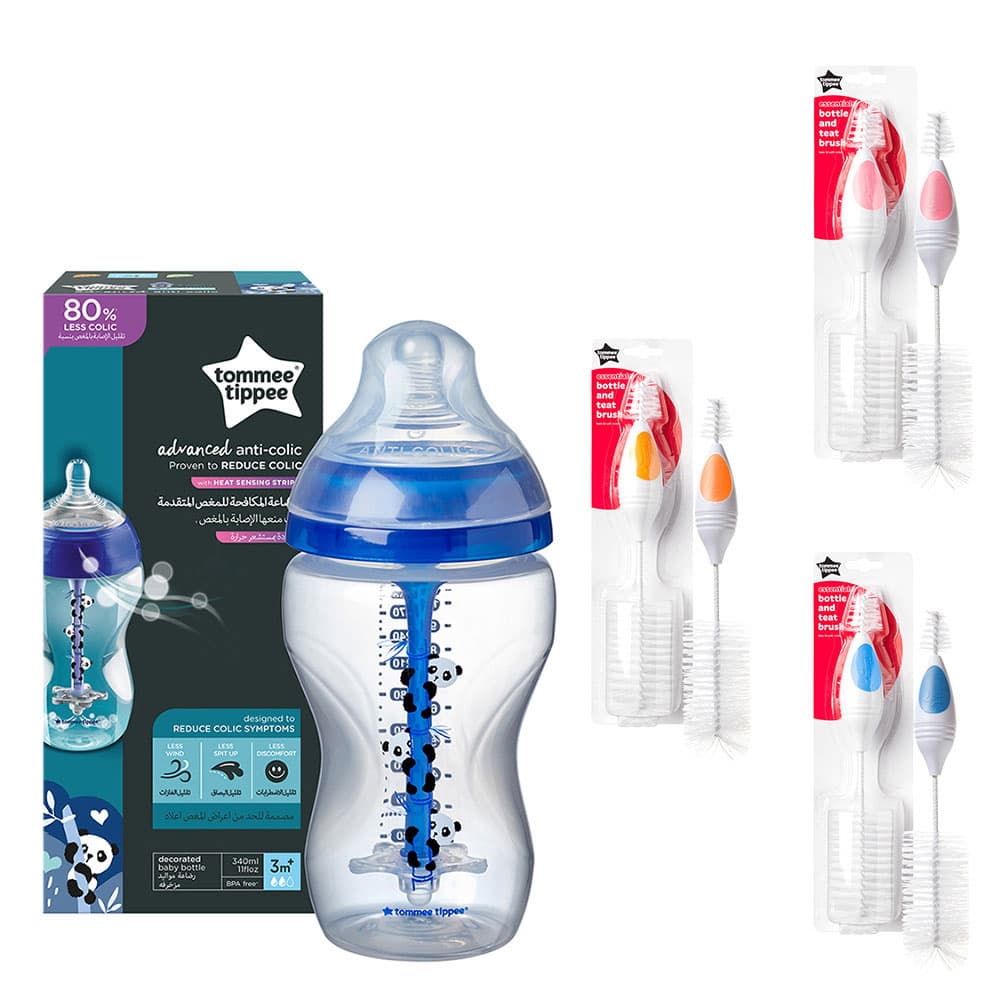 Tommee Tippee Advanced Anti - Colic Feeding Bottle 340ml - Blue + Bottle & Teat Brush