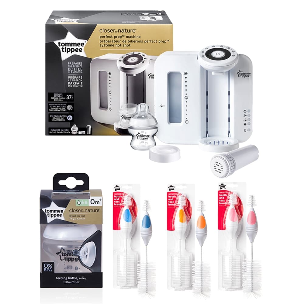 Tommee Tippee Closer to Nature Perfect Prep Milk Formula Machine(White) + Feeding Bottle 150ml + Bottle & Teat Brush