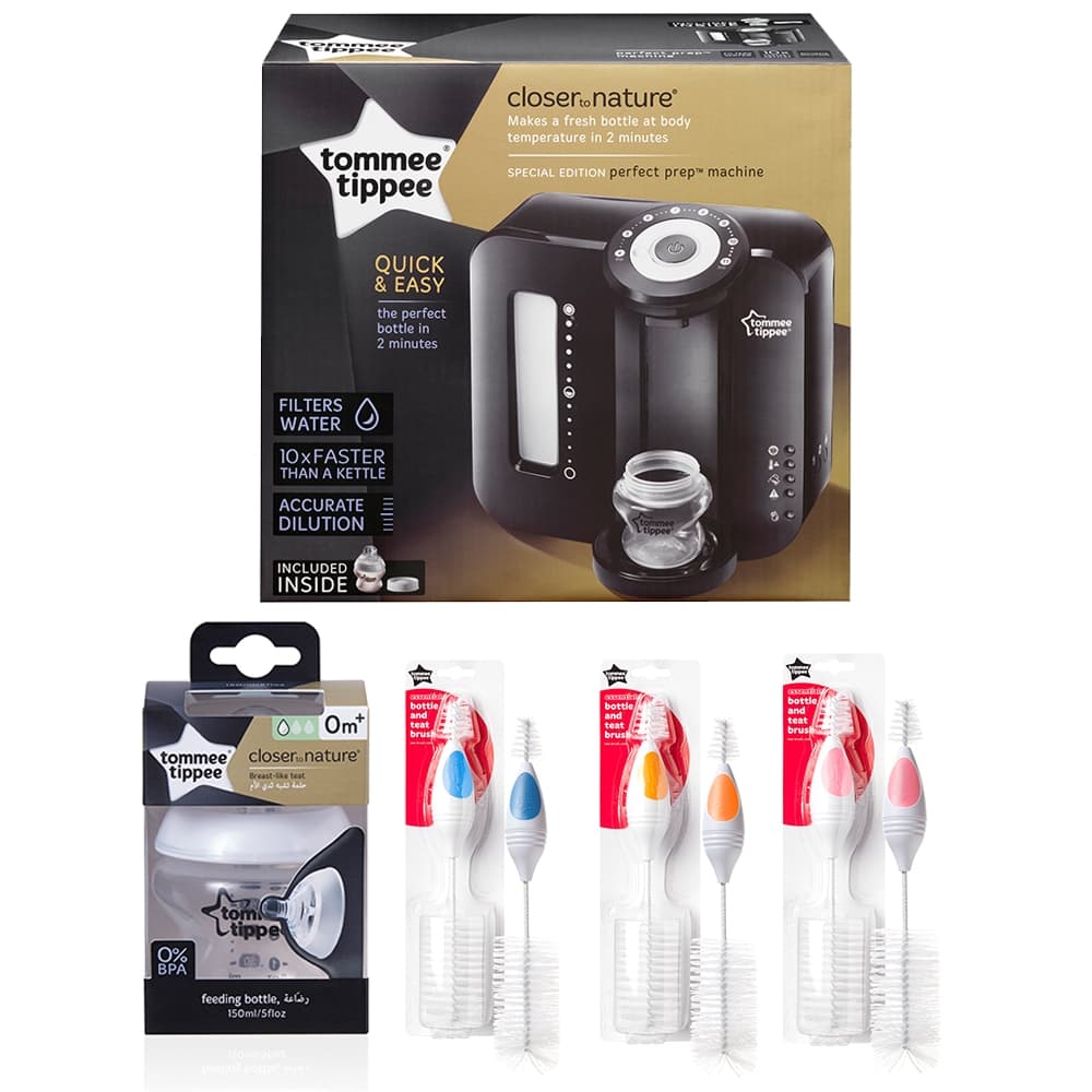 Tommee Tippee Closer to Nature Perfect Prep Milk Formula Machine(Black) + Feeding Bottle 150ml + Bottle & Teat Brush