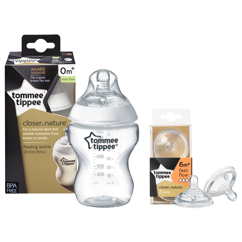 Tommee Tippee Closer to Nature Teat, Fast Flow x 2 + Feeding Bottle, 260ml - Clear