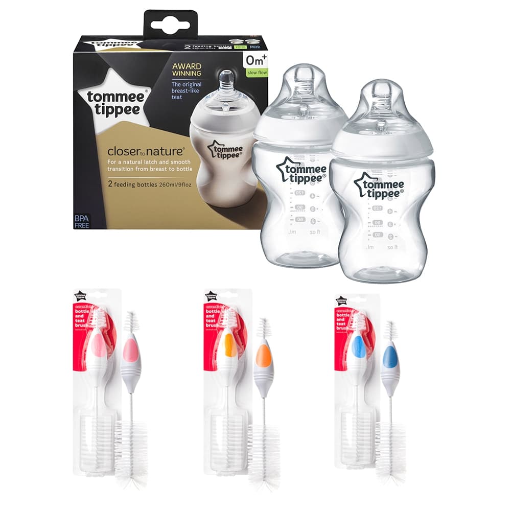 Tommee Tippee Closer to Nature Feeding Bottle 260mlx2 + Bottle & Teat Brush