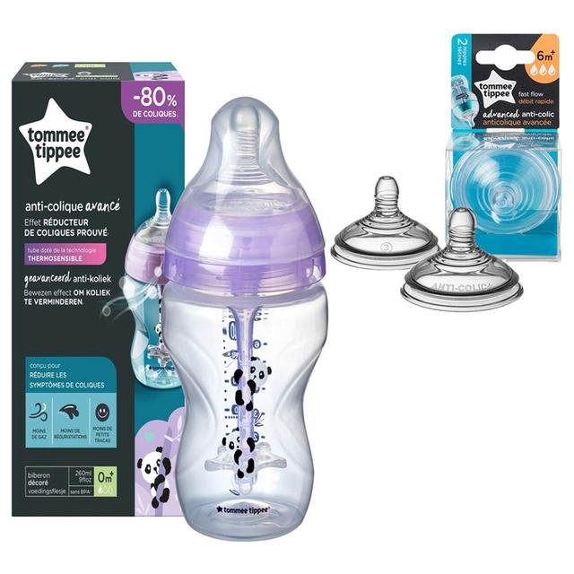 Tommee Tippee Advanced Anti - Colic Teat, Fast Flow x 2 + Advanced Anti - Colic Feeding Bottle, 260ml - Pink - SW1hZ2U6NjY0NzI2