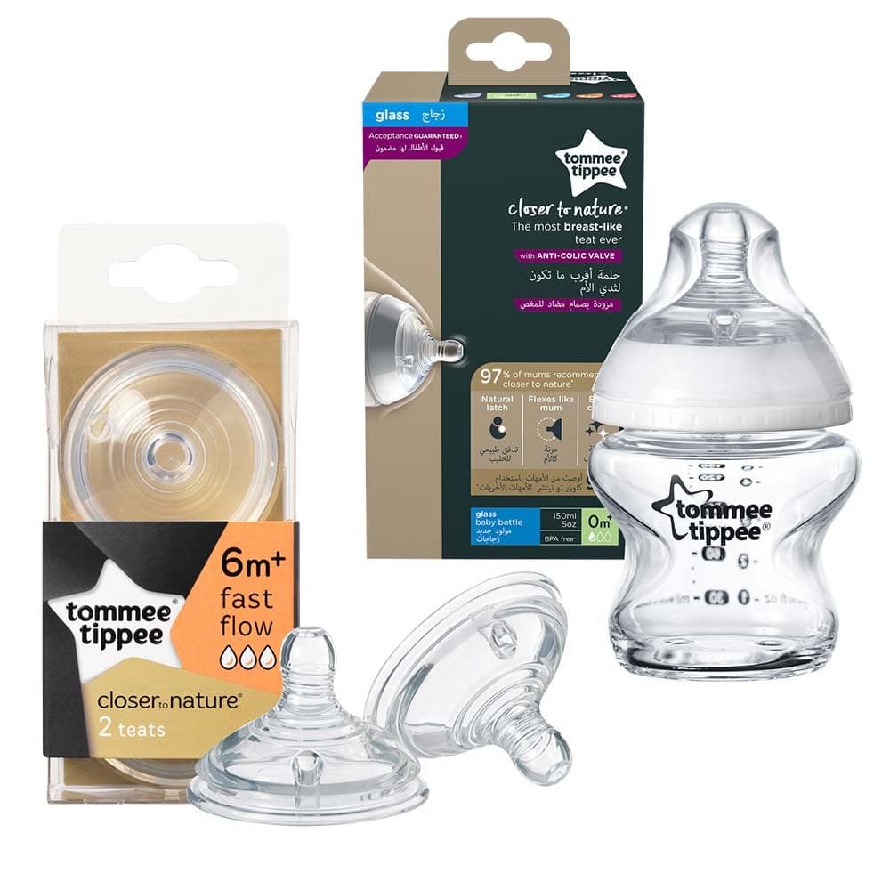 Tommee Tippee Closer to Nature Teat, Fast Flow x 2 + Glass Feeding Bottle, 150ml