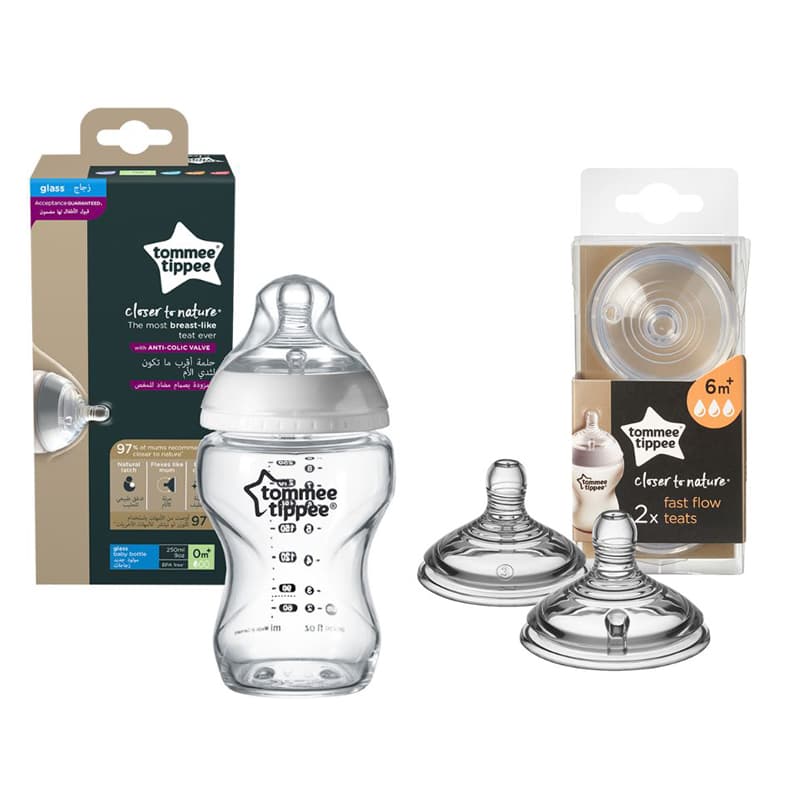 Tommee Tippee Closer to Nature Teat, Fast Flow x 2 + Glass Feeding Bottle, 250ml