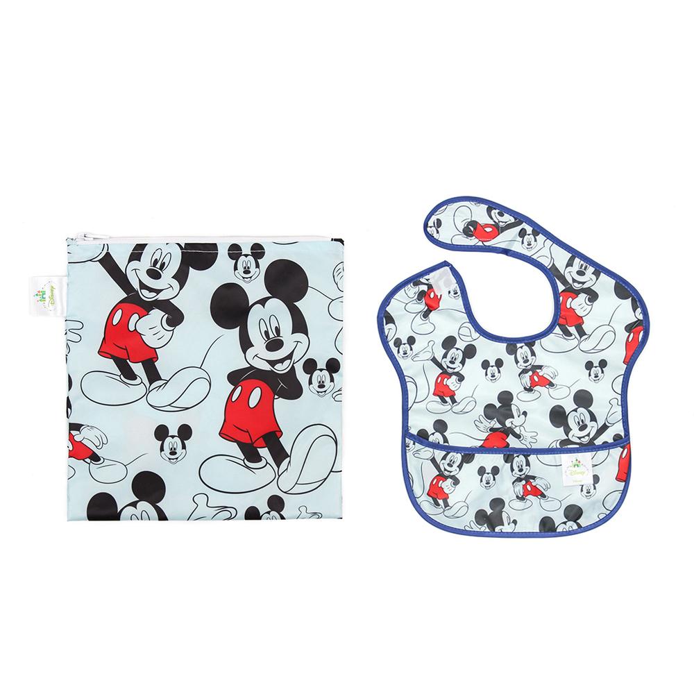 مريلة أطفال مع كيس وجبات خفيفة للأطفال  Bumkins - Mickey Mouse Single Reusable Snack Bags, Large + Mickey Classic Bib