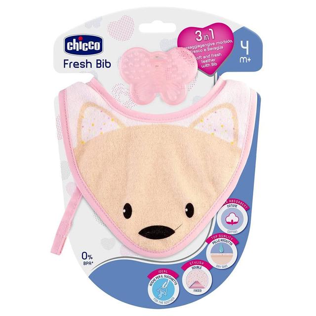 مريلة اطفال شيكو من القطن الطبيعي مع عضاضة زهر Chicco Fresh Bib With Teether Pink - SW1hZ2U6NjQ1Njky