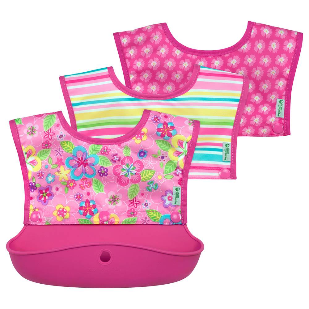 مريلة اطفال سيليكون مقاومة للماء 4 قطع Green Sprouts - Snap & Go Silicone Bib 4Pcs-Set Pink Flower