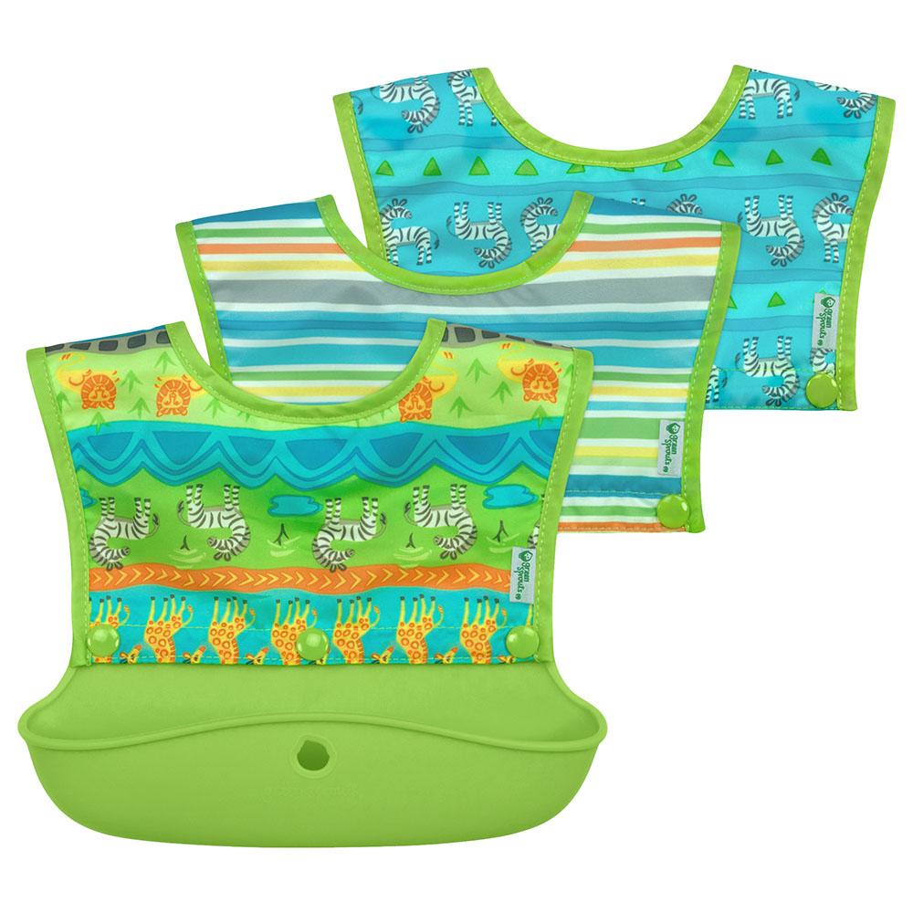 مريلة اطفال سيليكون مقاومة للماء 4 قطع Green Sprouts - Snap & Go Silicone Bib 4Pcs-Set Green Safari