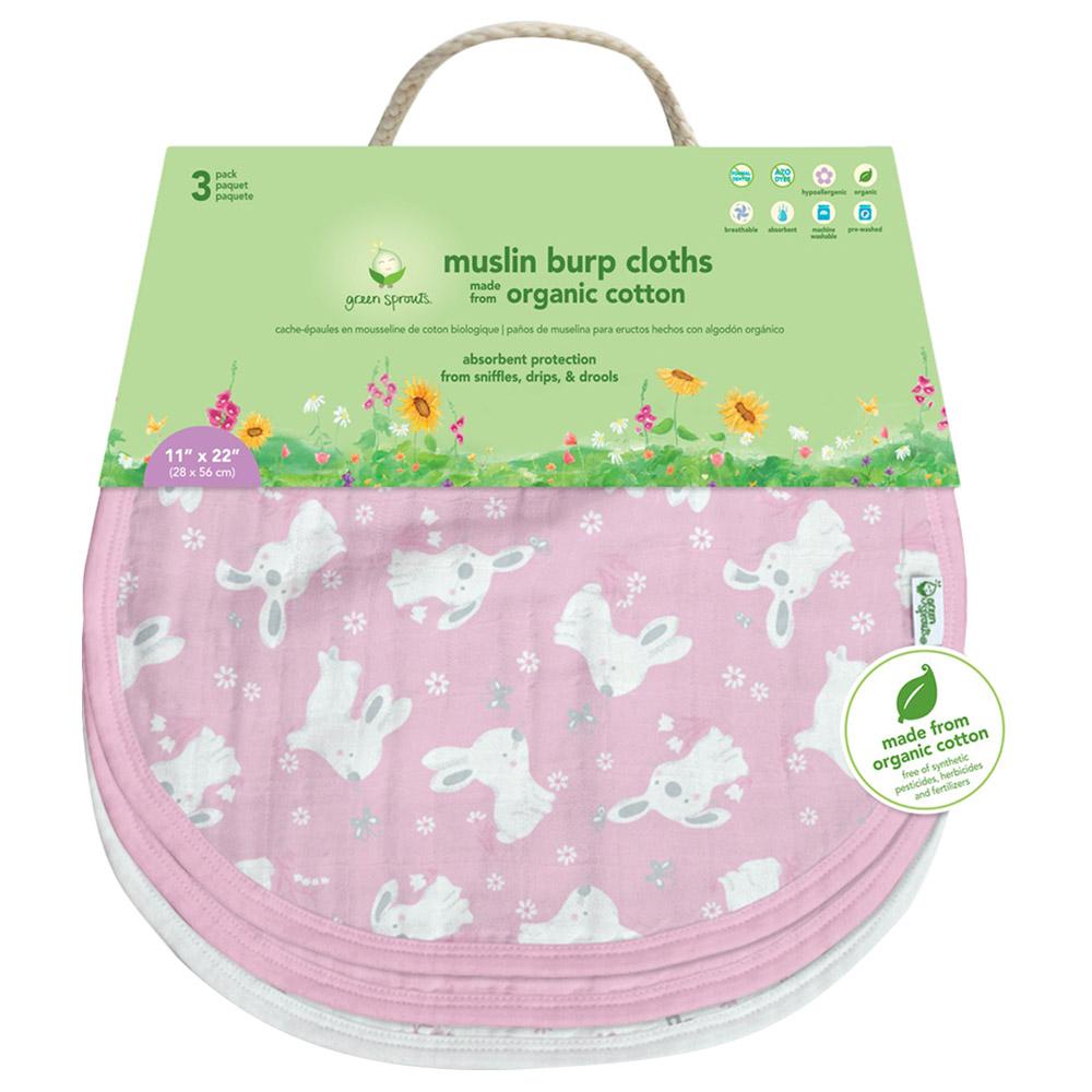 أقمشة تجشؤ 3 قطع للأطفال لون زهري بنقشات أرنب Green Sprouts Muslin Burp Cloths Pack of 3 Pink Bunny