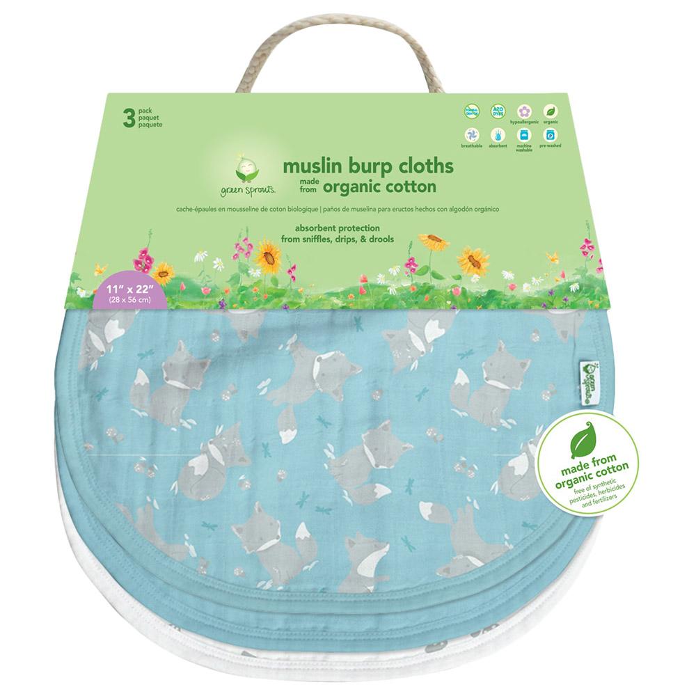 Green Sprouts - Muslin Burp Cloths Pack of 3 - Aqua Fox