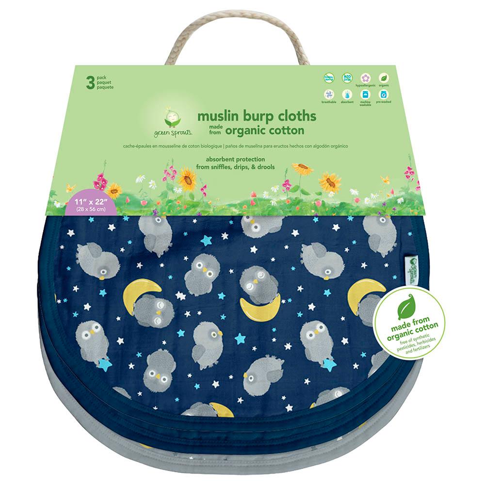 Green Sprouts - Muslin Burp Cloths Pack of 3 - Blue Owl