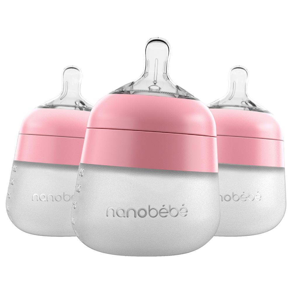 مضخة حليب الأم 150 ميلي عدد 3 - زهري Nanobebe - Flexy Silicone Baby Bottle Pack Of 3