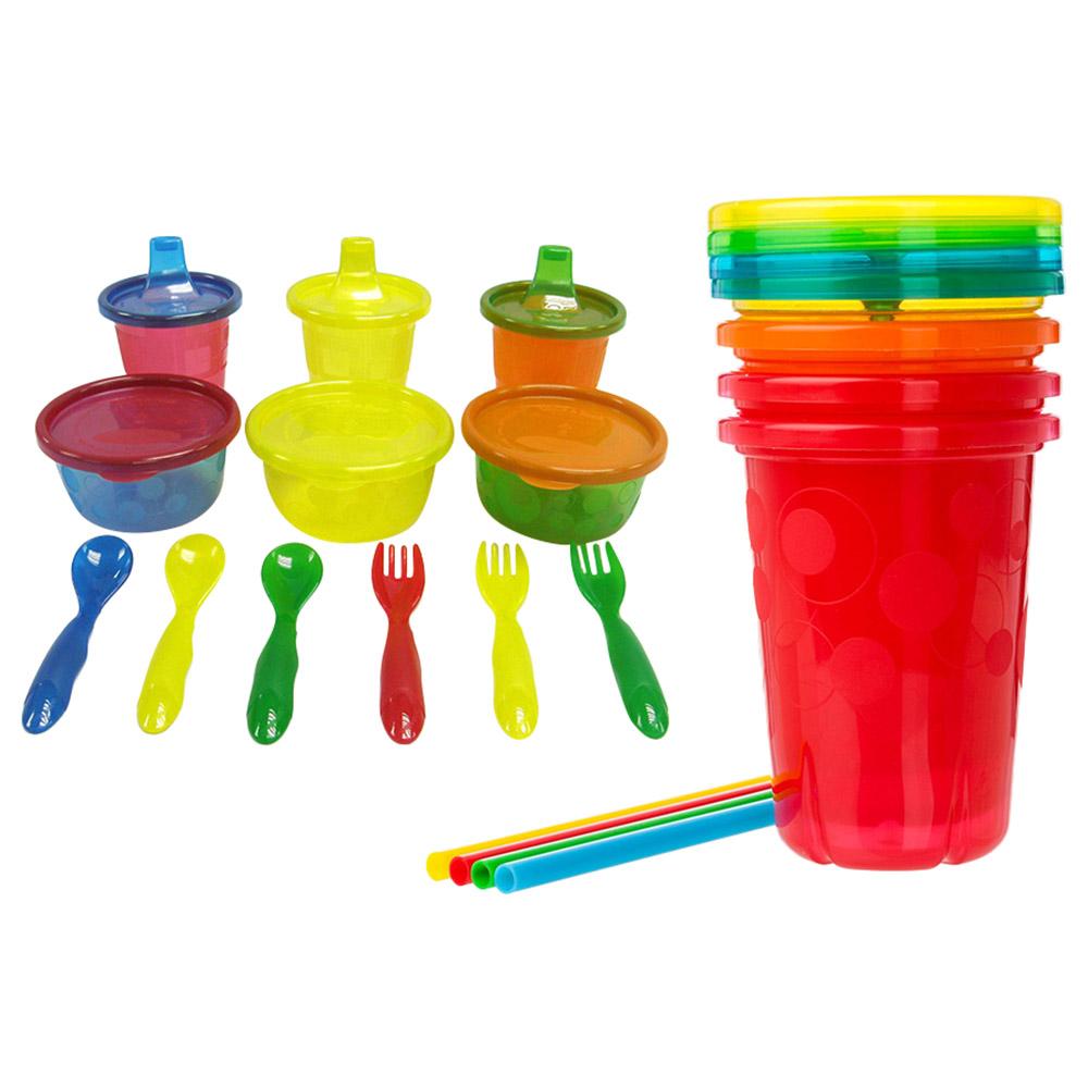 طقم أدوات مائدة للأطفال بلاستيك حزمة 16في1 Take And Toss Straw Cups & Multi-Pack Feeding Set - The First Years