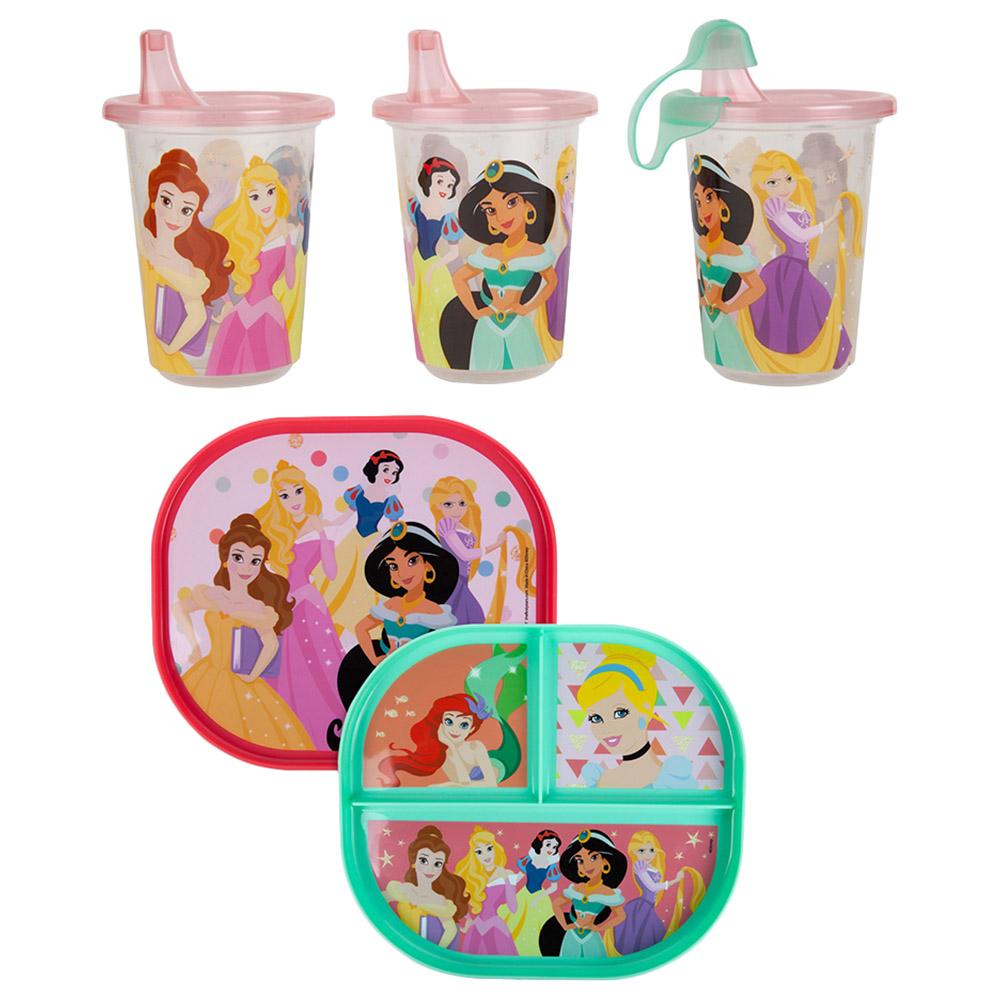 صحن بلاستيك مقسم مع كوب شرب للأطفال حزمة 4في1 Princess Take & Toss Sippy Cup & Two Sided Plate  - The First Years