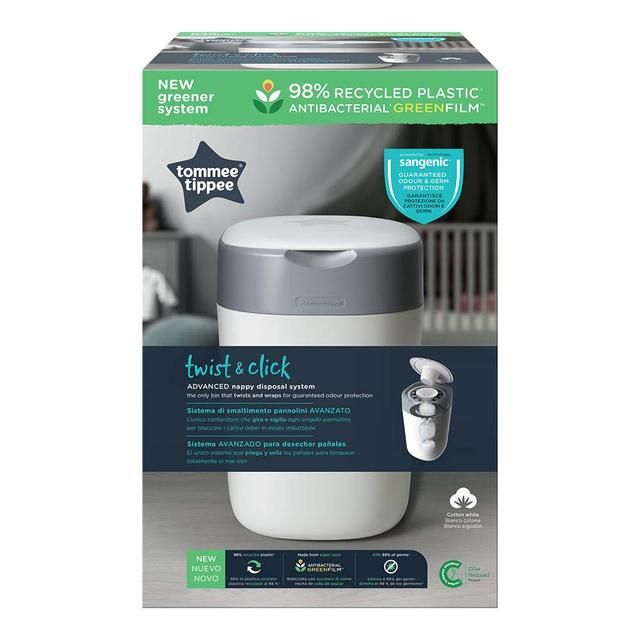 Tommee Tippee - Twist and Click Advanced Nappy Bin with 1x Refill Cassette with Sustainably Sourced Antibacterial GREENFILM - White - SW1hZ2U6NjY4OTYy