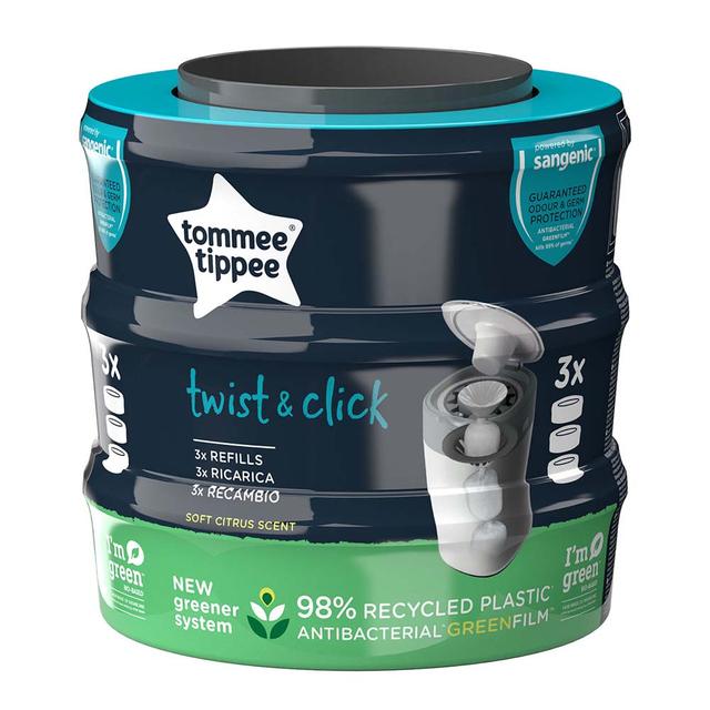 Tommee Tippee - Sangenic Nappy Disposal Refill Cassette Single (Pack of 3) with Sustainably Sourced Antibacterial GREENFILM
